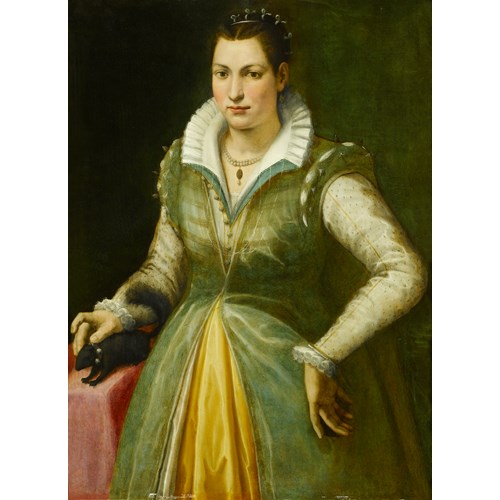 Portrait of a Lady, possibly the Poet Maddalena Salvetti (1557-1610), in a Green Dress and Pearls, Standing at a Draped Table, with a Pet Squirrel